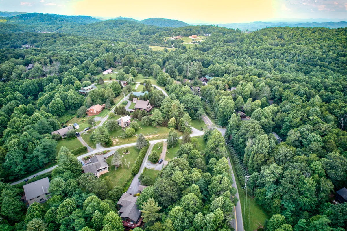 A sweeping view of lush greenery, residential houses nestled among trees, and winding roads. The perspective captures the serene mountain environment and hints at trails and exploration opportunities nearby.